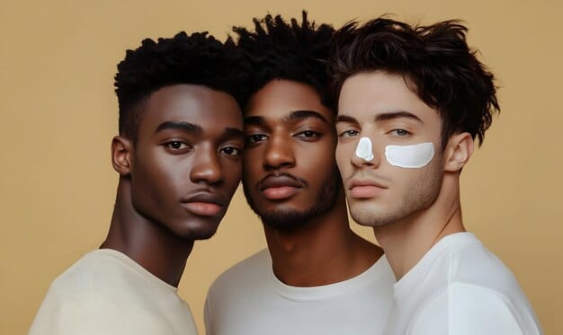 A diverse group of men of various ethnicities and skin tones examining and trying out men's makeup products in what looks like a modern, inclusive beauty store setting. The mood is positive and exploratory.