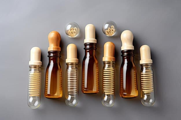 A close-up shot of a diverse group of small, clear bottles and droppers, each containing a different liquid or gel, some labeled with chemical names like 
