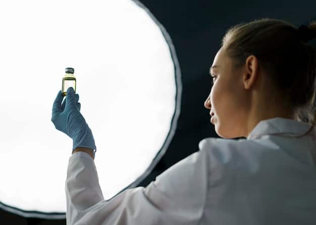 A person in a white lab coat meticulously examining a small, labeled vial of a potent skincare serum with a magnifying glass, conveying expertise and scientific rigor.
