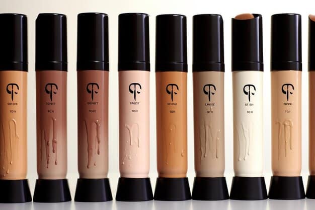 Various shades of men's foundation bottles displayed neatly on a minimalist black background, highlighting the subtle color differences.