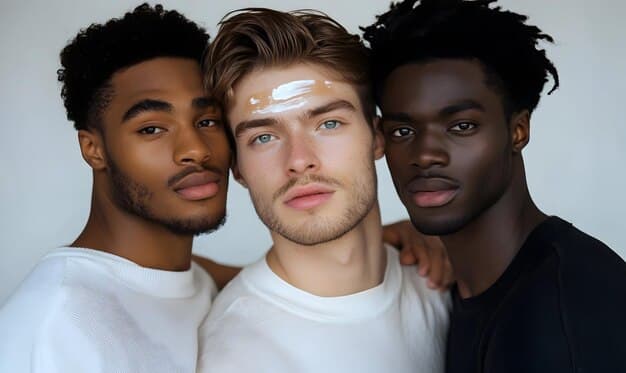A diverse group of men of different ethnicities confidently showcasing their natural-looking skin, subtly enhanced by foundation.