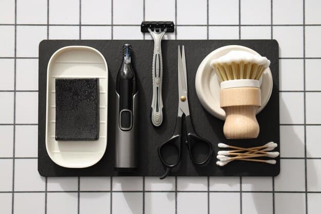A neatly organized collection of men's grooming products, including a razor, brush, skincare bottles, and beard oil, arranged aesthetically on a rustic wooden tray in a well-lit bathroom, emphasizing organization and natural textures.