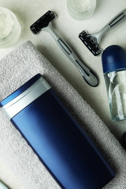 A sleek, modern men's grooming kit displayed open against a blurred background of a sustainable urban garden, featuring minimalist design and earth-toned products, conveying an eco-friendly and sophisticated aesthetic.