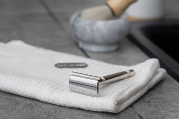 A minimalist, clean image of a well-maintained safety razor resting on a small, soft towel, with a background of calm, neutral bathroom tones, emphasizing precision and care in shaving.