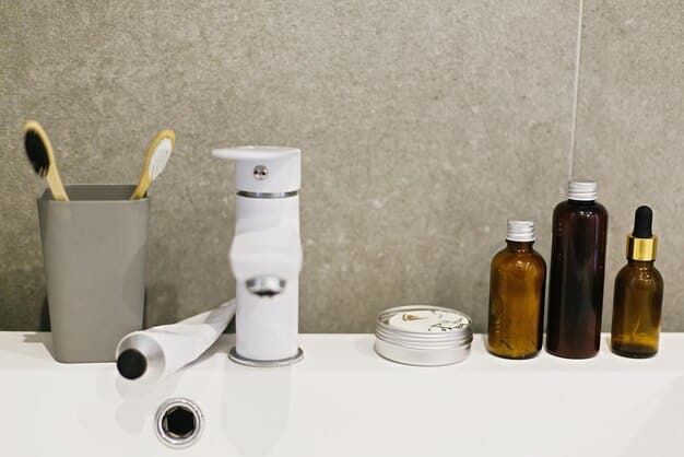 A clean and organized bathroom counter with men's grooming products, including the toner bottle, a face wash, and a moisturizer, suggesting a dedicated daily skincare routine.