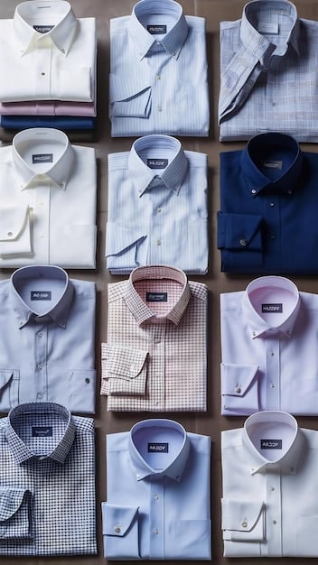 A close-up shot of a neatly arranged collection of men's shirts, including a crisp white dress shirt, a light blue Oxford shirt, and a striped Breton shirt. Focus on the texture and quality of the fabrics. Keywords: Men's shirts, essential shirts, wardrobe staples, classic shirts, fabric quality, Upgrade Your Wardrobe: 7 Essential Men's Style Pieces for Under $500.