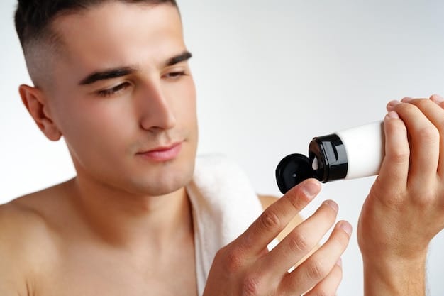A close-up shot of a man using a handheld skin analysis device on his cheek. The device is sleek and modern, with a digital display showing various skin metrics. The man's expression is focused and engaged.