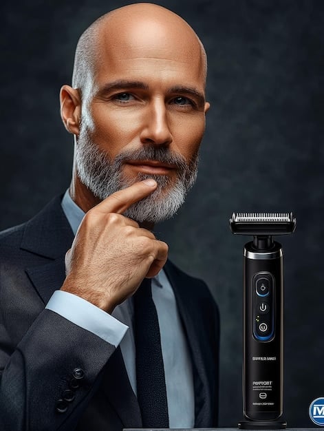 A man holding a smart hair clipper with a digital display, showing the selected cutting length. The clipper is connected to a smartphone app, displaying a tutorial on how to achieve a specific hairstyle.