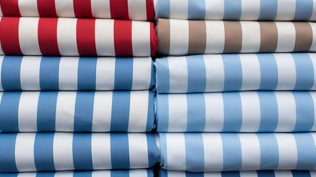 A close-up shot showcasing fabric swatches of different patterns: a blue and white striped shirt, a gray check blazer, and a navy polka-dot tie, laid out to illustrate how different patterns can complement each other.