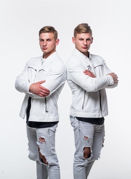 A split image showing two men: one dressed in trendy but unflattering clothes, and the other dressed in classic, well-fitting attire that suits his body type. The trendy look includes oversized clothing and clashing patterns, while the classic look features tailored pieces and a timeless color palette. The words 