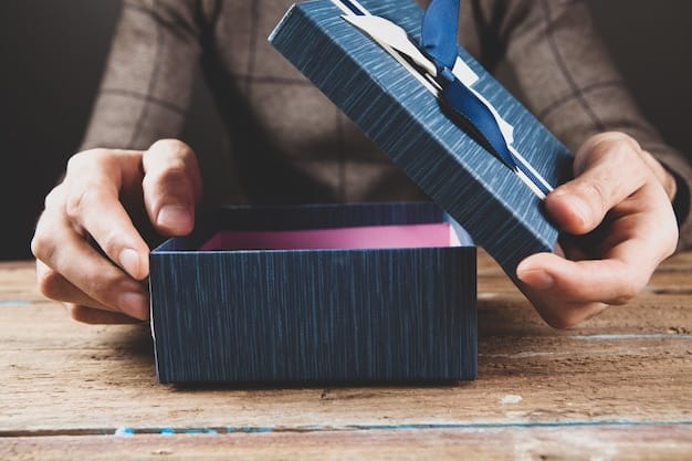 A close-up shot of hands opening a men's style subscription box. Inside are neatly folded shirts, a stylish belt, and a pair of socks - all curated to match a specific style profile. The image should highlight the excitement and surprise of discovering new items.