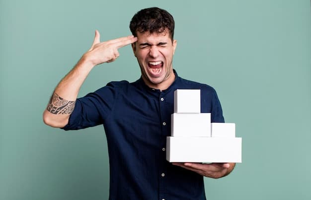 A frustrated man holding up a shirt from a subscription box that clearly doesn't fit him correctly. The background is a cluttered closet, and the mood is one of disappointment. This image is a reminder of the potential drawbacks of subscription boxes.