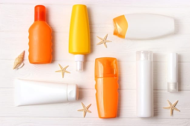 A close-up of various sunscreen bottles and tubes with different SPF values and labels like 