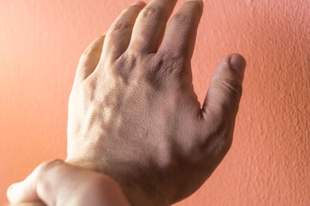Close-up shot of cracked, dry skin on a man's hand. The image should clearly show the texture and flakiness of the skin. The background should be blurred to focus attention on the affected area. Illustrates the severity of winter skin problems and the need for Combat Dry Winter Skin: The Ultimate Hydration Routine for Men in 2025.