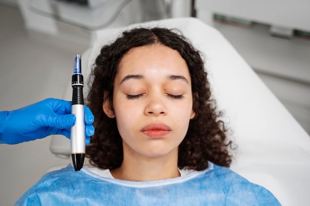 A person receiving a microneedling treatment on their cheek. The microneedling device is visible, and the skin appears slightly red. The focus is on the device and the treated area, illustrating a collagen stimulation technique to Reduce Acne Scars by 50% with This Dermatologist-Approved Skincare Plan.