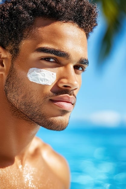 A close-up shot of a man applying sunscreen to his face, focusing on the even application and the texture of the sunscreen. Background should show a beach or outdoor setting, indicating sun exposure. Key tags: sunscreen on face, men's skincare, SPF application, sun protection.