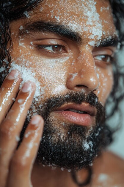 A close-up shot of a man gently applying a chemical exfoliant to his face with a cotton pad, highlighting the smooth texture of the product and the careful application. Soft lighting emphasizes the skin's natural tone.