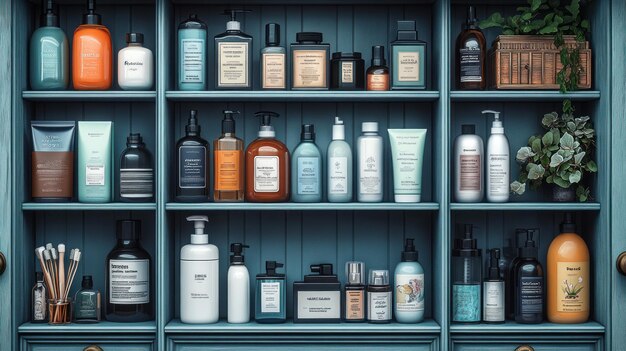 A shelf displaying a variety of men's fragrance-free skincare products, including cleansers, moisturizers, and shaving creams. The products are neatly arranged with clear labeling indicating they are 