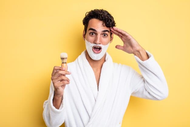 A man applying fragrance-free shaving cream to his face with a shaving brush. His expression is relaxed and comfortable, suggesting a smooth and irritation-free shaving experience related to Sensitive Skin Savior: The Best Fragrance-Free Products for Men in 2025.