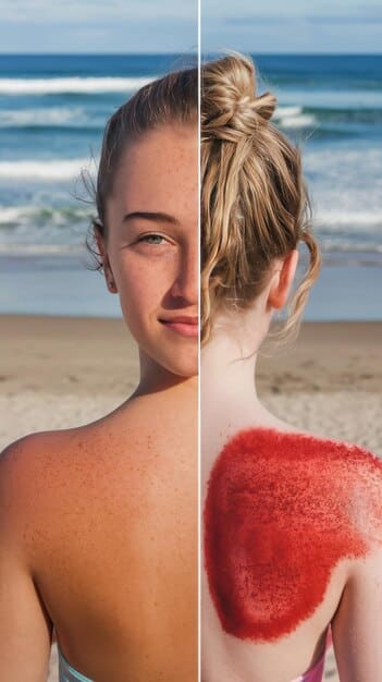A split-screen visual demonstrating the effects of sun exposure on skin: on one side, a healthy, moisturized skin; on the other, a depiction of sun-damaged skin with increased pigmentation around the eyes to represent the impact of sun exposure on 'Dark Circles Under Eyes? Discover the Proven Solutions for Men'.