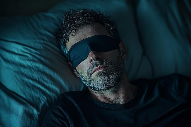 A visual depicting a man deeply asleep in a dark room with a sleep mask, alongside a glass of water and a bowl of fresh fruits and vegetables, emphasizing the importance of sleep, hydration, and a healthy diet in addressing 'Dark Circles Under Eyes? Discover the Proven Solutions for Men'.