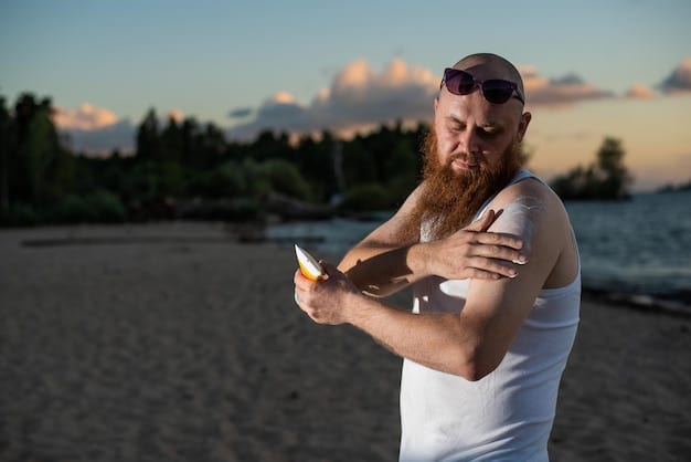 A man applying sunscreen to his arm while outdoors. The sun is shining brightly. The image portrays the daily use of sunscreen. The bottle of sunscreen is clearly visible, emphasizing the product's role in skin protection. The context relates to Sunscreen for Men: Choosing the Right SPF for Your Skin Type in 2025.