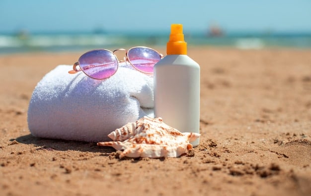 A bottle of sunscreen on a sandy beach, with sunglasses and a towel nearby. The sun is shining, and the scene conveys relaxation and sun protection. The image represents the need for proper sunscreen application. The background contains summer thematic alluding to Sunscreen for Men: Choosing the Right SPF for Your Skin Type in 2025.