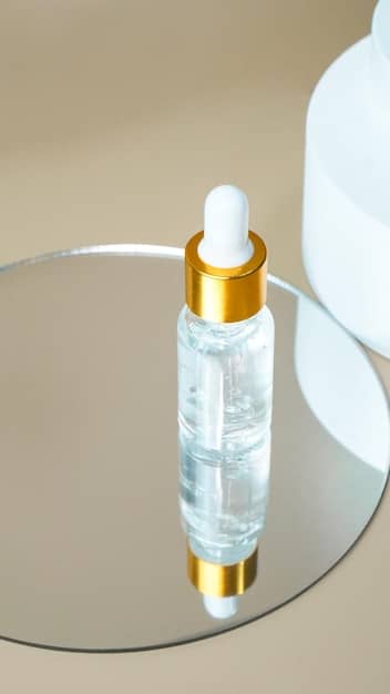 Product shot of a retinol serum with a dropper, placed next to a moisturizer and a bottle of sunscreen to represent the typical steps when using retinol: applying the serum, moisturizing, and protecting with sunscreen.
