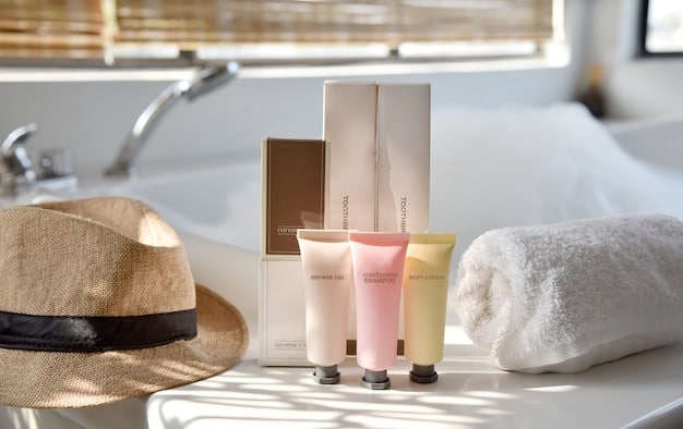A close-up shot of different skincare products (cleanser, moisturizer, sunscreen) arranged on a bathroom counter. The focus is on the product labels, with text emphasizing ingredients suitable for various skin types like 