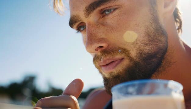A man applying sunscreen to his face outdoors, with a focus on his hand and the act of sun protection. The background shows a sunny day, emphasizing the importance of daily sunscreen use for How to Build a Simple Yet Effective Skincare Routine for Men.