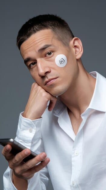 A man using a high-tech skincare device on his face. The device has a sleek, modern design and emits a soft blue light. He is looking in a mirror with a focused expression. It highlights the technological advancements in men's skincare in 2025.