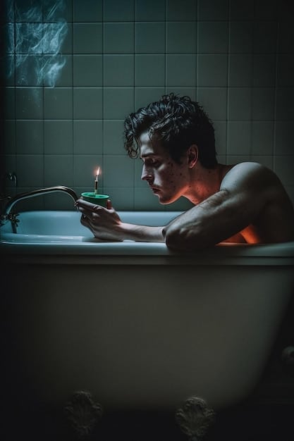 A man is relaxing in a dimly lit bathroom with a jade roller in his hand, having just removed a face mask. The setting is spa-like, promoting relaxation and skincare. He looks very serene. The ultimate guide to men's face masks: deep clean and hydrate shown in top.
