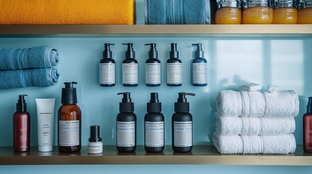 A well-organized men's skincare set on a bathroom counter, including cleanser, toner, serum, moisturizer, and sunscreen. The products are neatly arranged, suggesting a mindful skincare routine. The lighting is soft to create a calming atmosphere. This scene visually represents the importance of a structured skincare approach in 'Prevent Premature Aging: The Top Anti-Wrinkle Strategies for Men in 2025'.