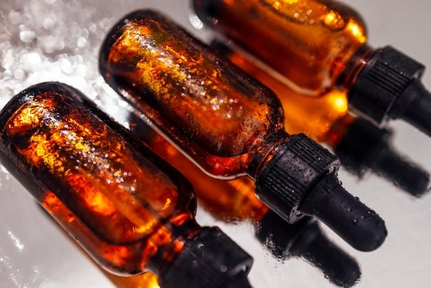 A close-up of various skincare bottles and droppers, including serums and toners, with a focus on ingredients like salicylic acid and glycolic acid, hinting at chemical exfoliation.