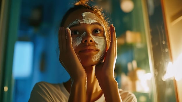 A person applying a gentle enzyme mask to their face, with soft, focused lighting on their smooth, clear skin.