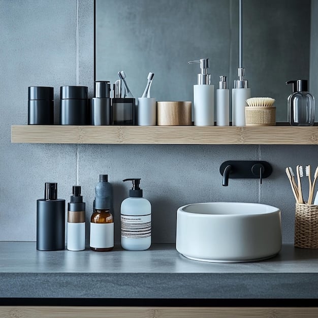 A minimalist bathroom setting with a neatly arranged shelf of men's grooming products. The products feature clean, sustainable packaging with labels indicating natural ingredients and recyclable materials. The overall aesthetic is modern and environmentally conscious.