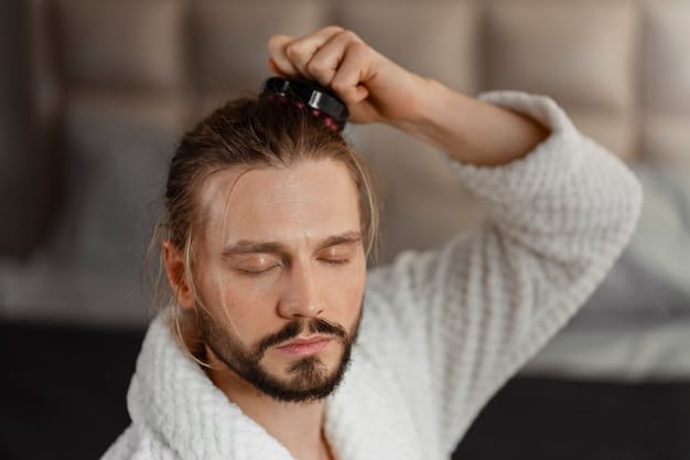A close-up shot of a man gently massaging a scalp serum into his scalp. The focus is on the serum bottle and the man's hands, highlighting the attention to detail in his grooming routine. The background is blurred, suggesting a clean and modern bathroom environment.