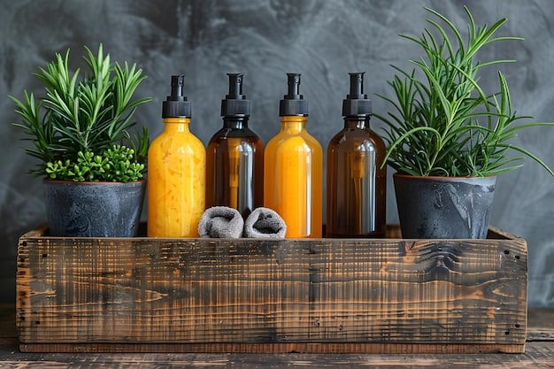 A product display featuring a range of sustainable men's grooming products, including beard oils, face washes, and hair styling products. All products feature eco-friendly packaging, such as glass bottles, bamboo containers, and minimalist labels. The Rise of Sustainable Men's Beauty: Will Eco-Friendly Products Dominate in 2025?.
