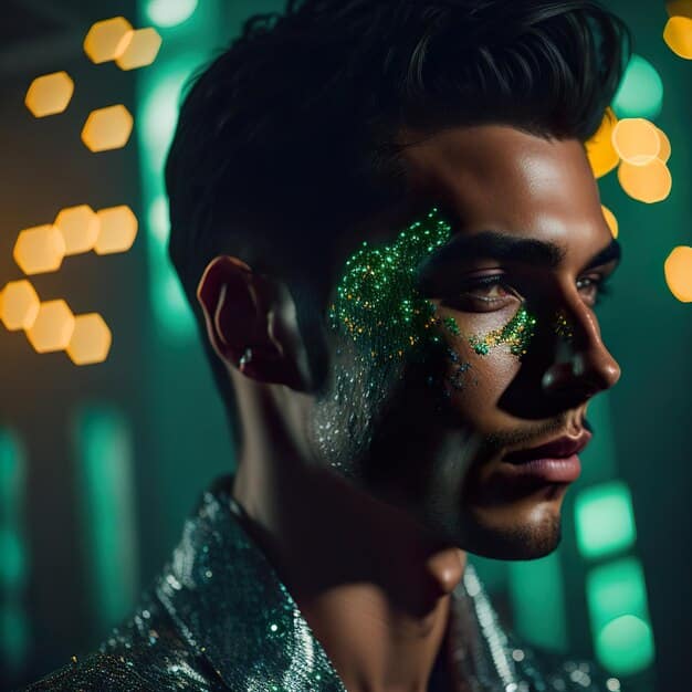 A runway shot of a male model wearing neon green eyeliner and a matching neon green streak in his hair. He is wearing a minimalist outfit and has a strong, confident expression. The background is blurred, focusing on the model and his vibrant makeup.
