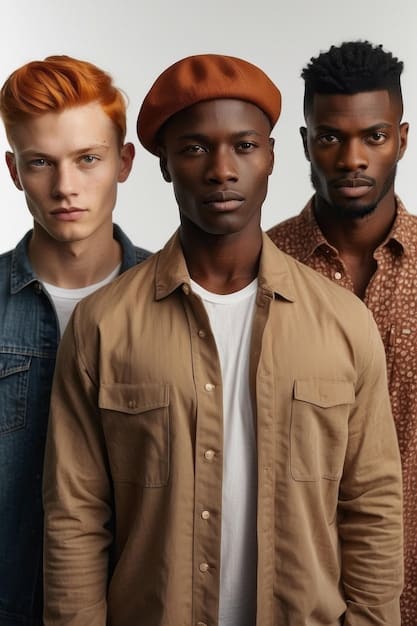 A close-up shot of a diverse group of male models, each wearing a different bold makeup look. One has vibrant purple eyeshadow, another has bright orange blush, and a third has electric blue lipstick. They are all smiling and exuding confidence.