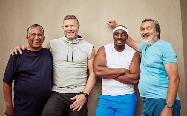 A diverse group of men of different ages and ethnicities, all with clear and healthy skin, smiling and looking confident. The setting is a bright, modern and minimalist studio, projecting a sense of wellbeing and confidence.