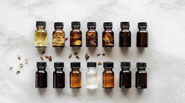 An overhead shot of various small bottles and vials containing different fragrance oils and extracts arranged on a perfumer's workbench. The lighting is soft and diffused, highlighting the textures and colors of the liquids. The image conveys the artistry and craftsmanship involved in creating a fragrance, aligned with the discussion of Men's Fragrance Trends: What Scents Will Be Most Popular in 2025?.