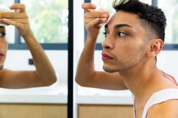 A close-up shot of a young man applying concealer under his eyes while recording a TikTok video. His phone is visible in the background, propped up on a ring light. He is smiling confidently at the camera and using a makeup sponge. The lighting highlights the details of the makeup application and captures the authentic and relatable nature of The Influence of Social Media: How TikTok and Instagram Are Shaping Men's Beauty Trends in 2025.