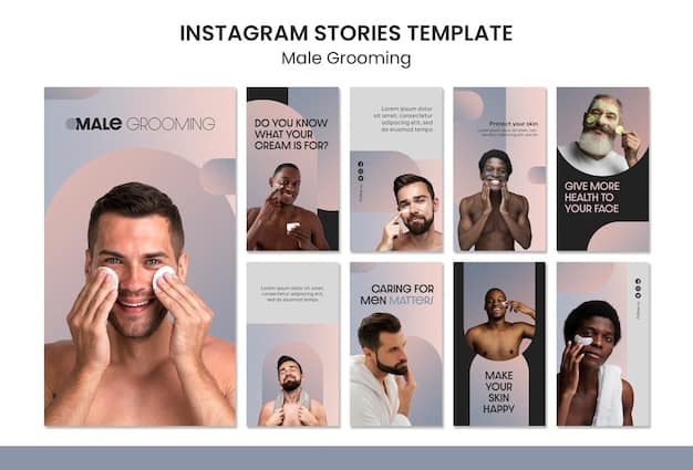 A split-screen image of an Instagram post. On the left, a male beauty influencer with flawless skin and perfectly groomed eyebrows is showcasing a high-end skincare product. On the right, a male beauty influencer is also showing a beard routine. The post includes a caption discussing the product's benefits and encouraging followers to try it. The side bar includes a row of men's skincare products. The image illustrates the aspirational nature of Instagram and the power of influencer marketing related to The Influence of Social Media: How TikTok and Instagram Are Shaping Men's Beauty Trends in 2025.
