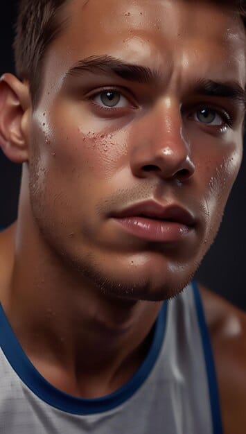 A close-up of a man's face after a workout, with a light sheen of sweat. He's applying a hydrating facial mist from a sleek, modern bottle. The image highlights a practical application of Athleisure Beauty products in managing post-exercise skincare, emphasizing freshness and revitalization.