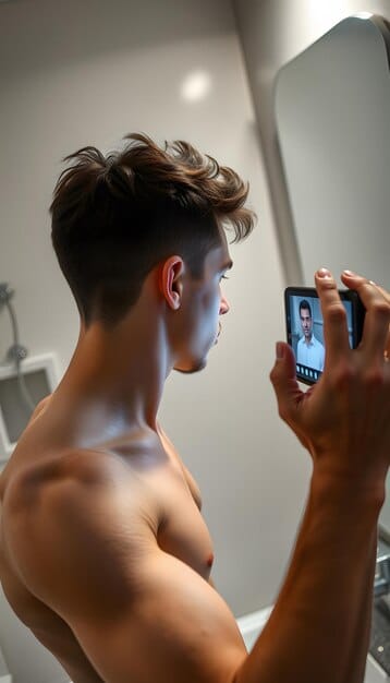 A close-up of a man's face being scanned by a smartphone app, highlighting the skin analysis and AI-driven recommendations. The app displays results showing hydration levels, potential problem areas, and product suggestions, emphasizing The Impact of Technology: How AI and Apps Are Changing Men's Skincare Routines.