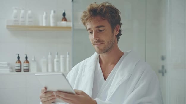 A man browsing a skincare app on his tablet, comparing product reviews and ingredients. Focus on the interface of the app, highlighting features like product comparison, ingredient analysis, and personalized recommendations, showcasing The Impact of Technology: How AI and Apps Are Changing Men's Skincare Routines.