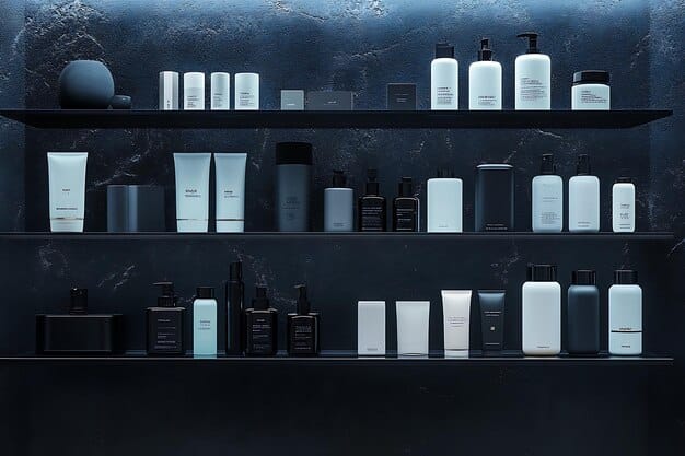 A skincare product shelf in a men's grooming store, showcasing various hyaluronic acid serums and moisturizers. The products are neatly arranged, with clear labels highlighting the key ingredient. The shot emphasizes the abundance and variety of hyaluronic acid products available for men.