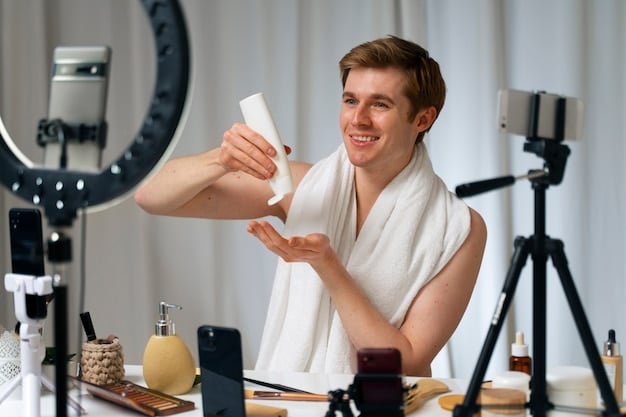 A male beauty influencer is shown giving a detailed skincare tutorial on YouTube. He is holding various products and demonstrating the application process, emphasizing the importance of self-care. The background is a well-lit and organized bathroom, adding to the professional feel of the video.