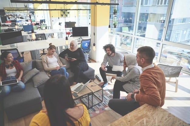 A bright, modern co-working space, with diverse individuals working on laptops, collaborating in groups, and enjoying coffee, showcasing the dynamic and social environment that these spaces offer. The setting is open and inviting, with natural light and contemporary decor.